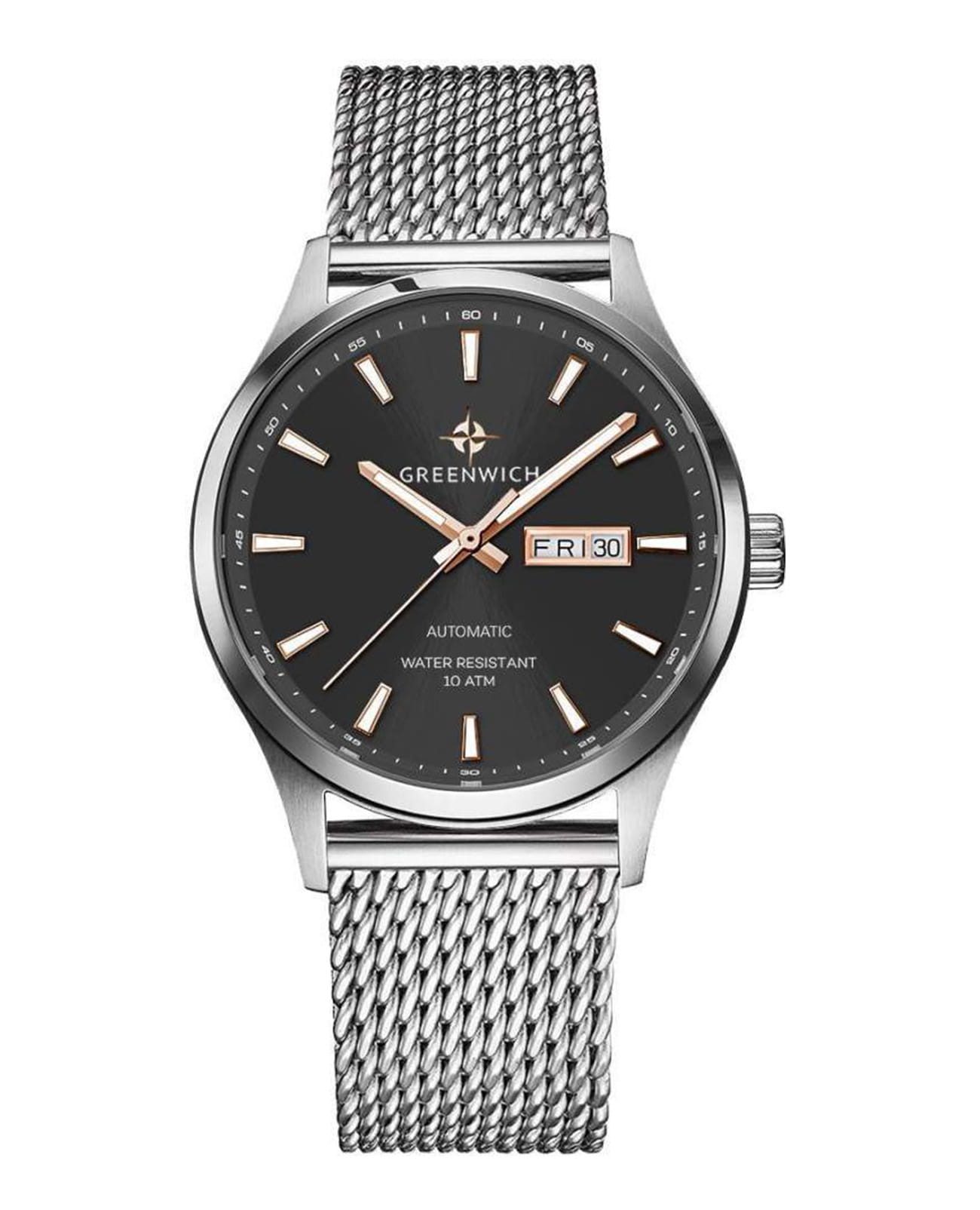 Greenwich Greenwich GW 054.19.34  GW 054.19.34 механические мужские часы черный циферблат, браслет нержавеющая сталь — вид спереди